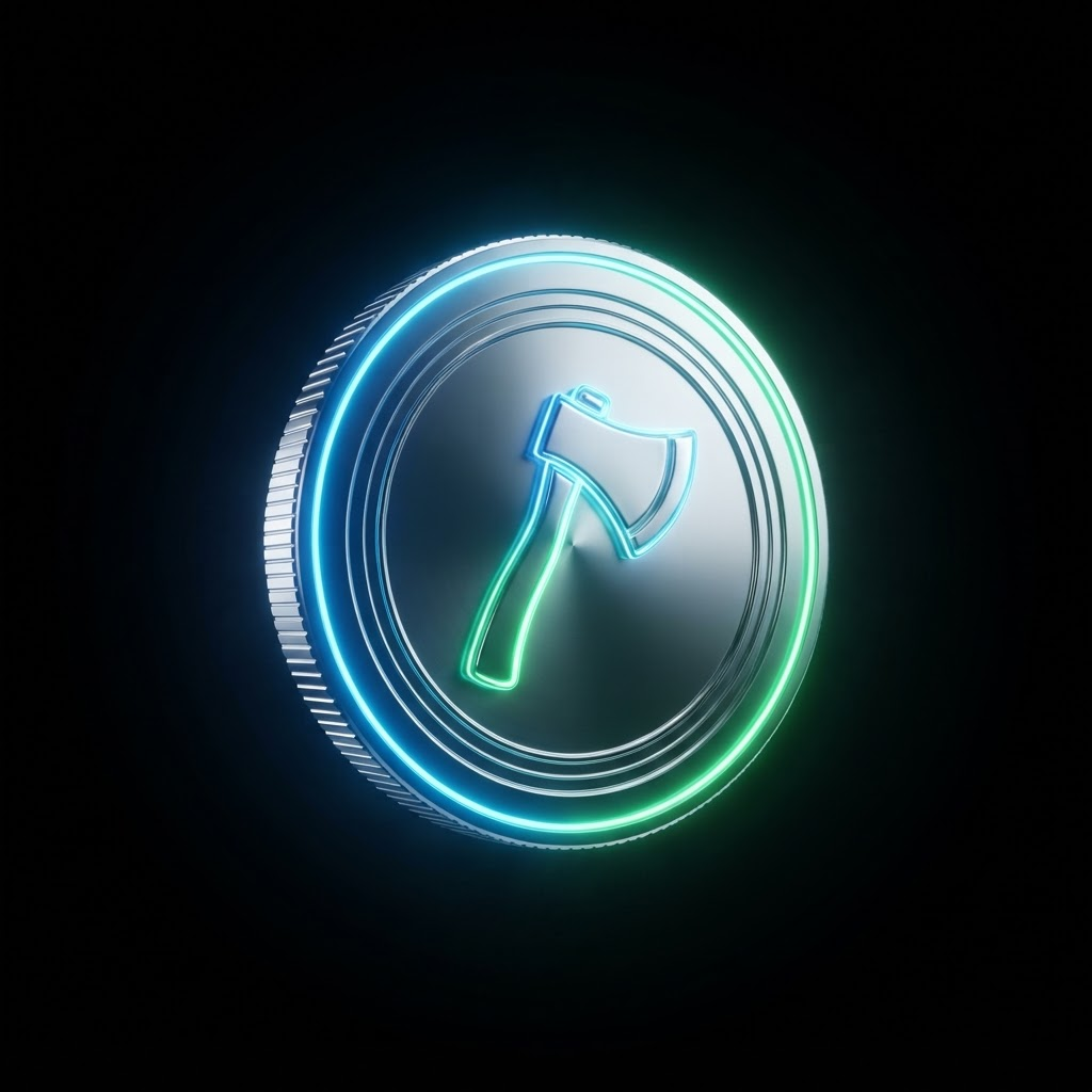 Hatchet Coin — silver coin with neon green and blue glow